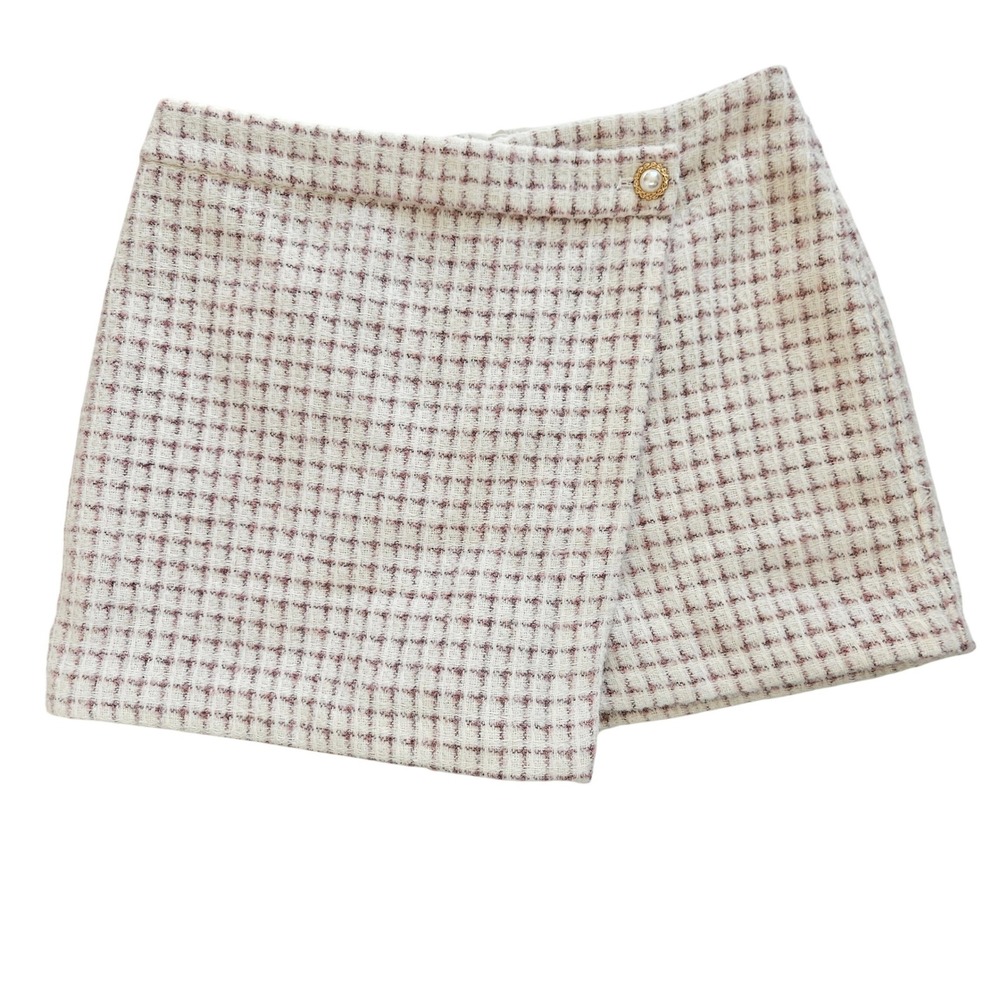 House Of Harlow Pink & White Plaid Tweed Woven Mini‎ Skort Size M